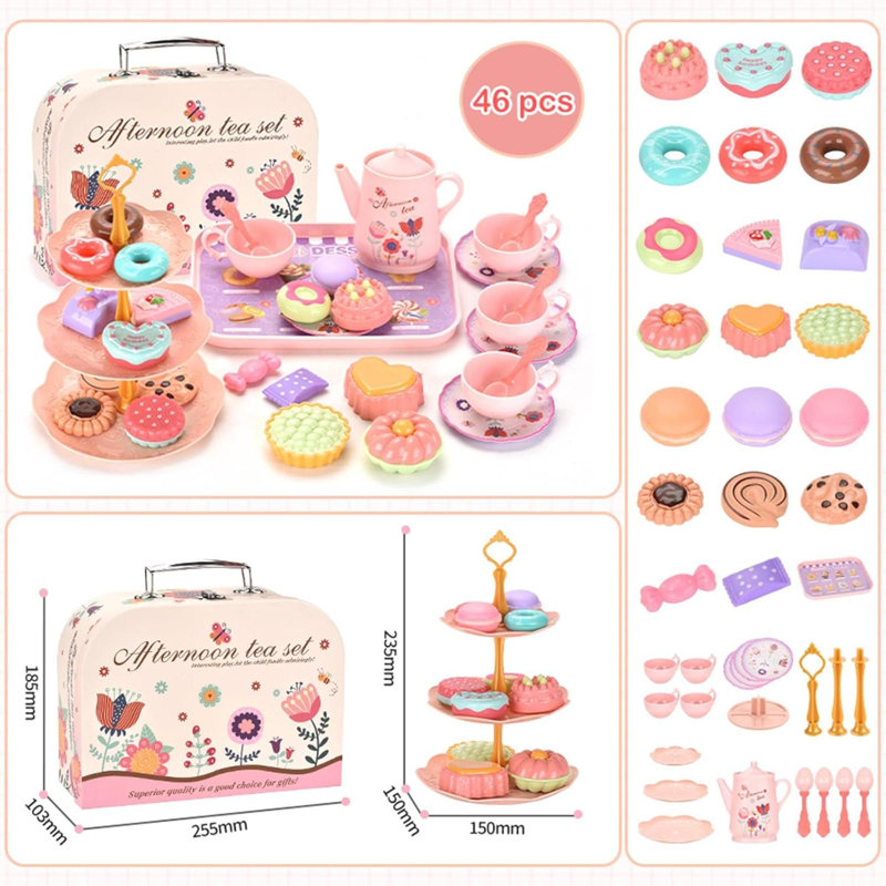 Kids Plastic Tea Party Set For Toddlers & Ages 3-8 – Princess Pretend Play Kitchen Toy With Carrying Case, Teapot, Cups, Saucers, Dessert Toys & Tray | Gift For Little Birthday