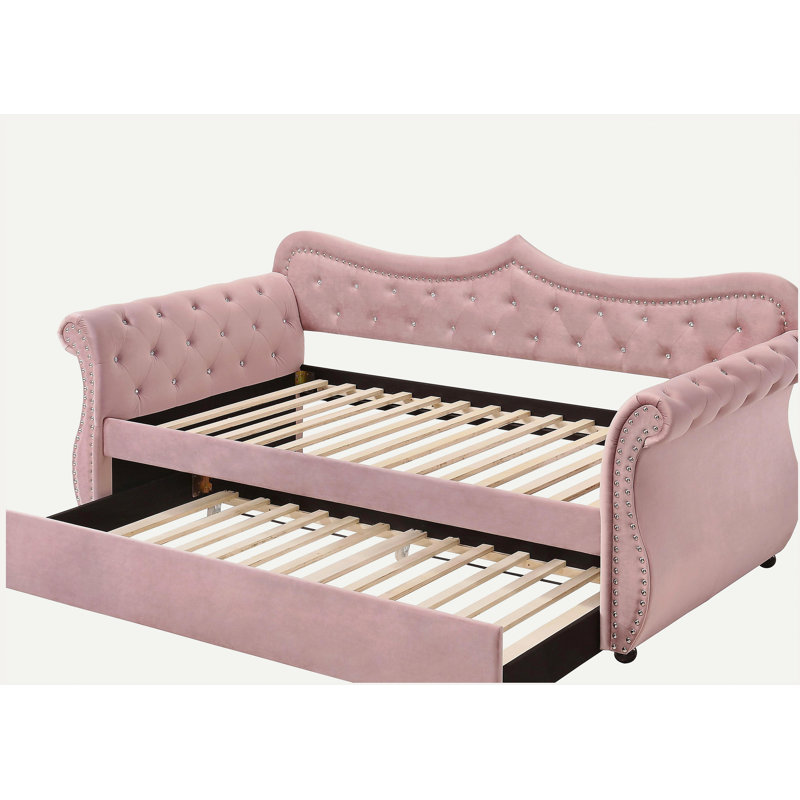 Lit de jour en velours rose Adkins avec couchette (simple)
