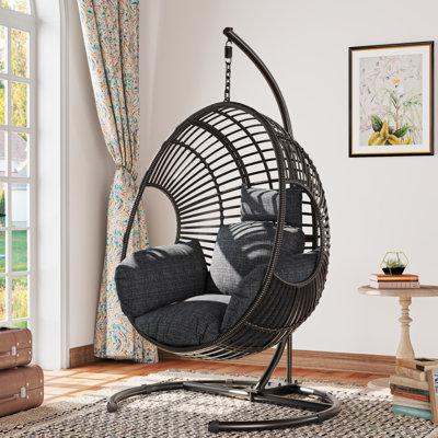 42 très larges fauteuils suspendus en U avec base en U, balançoire de patio d'une capacité de 400 lb avec coussin de 8 pouces, rotin PE résistant aux intempéries et housse imperméable pour le jardin extérieur, utilisation sur un balcon