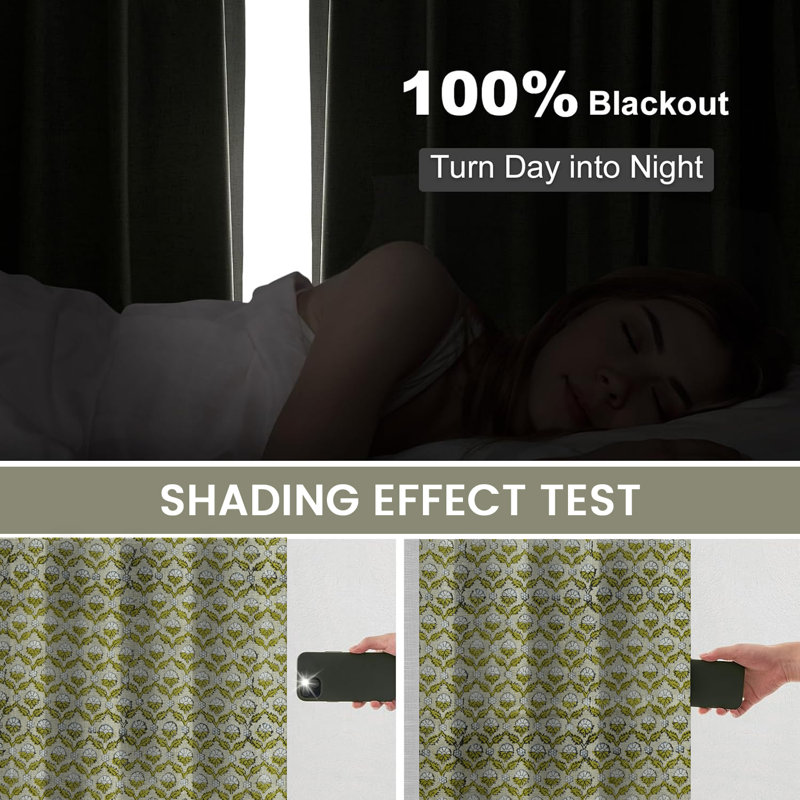 Fabdivine 27x57 Inches Handmade Green Floral Pattern Block Print Pinch Pleated Thick Linen Hook Drapes, Window Treatments Home Decorative 100% Blackout 2 Panel Set Curtains, Shehnaaz