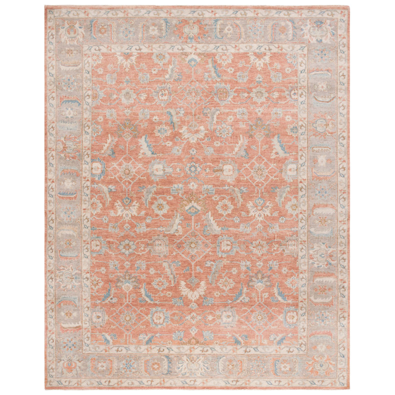 Rectangle Oriental Hand-Knotted Wool/Cotton Area Rug in Beige/Orange, Rectangle 6" x 9"