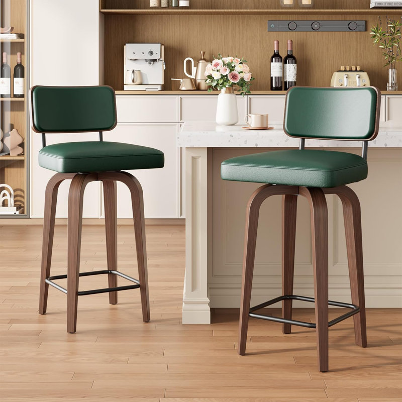 2-Pack Caramel Swivel Bar Stools, 26" Counter Height, Faux Leather, Walnut Legs, Mid-Century Design, Green