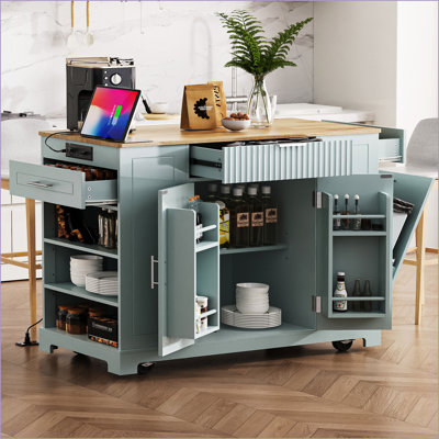 Kitchen Island with Trash Can Storage, Power Outlets &amp; Rolling Wheels – White MDF Rubber Wood | Modern | Medium (40-55in)