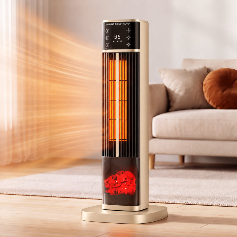 1500 Watt Electric Tower Space Heater with Realistic Flame Effect, 60° Oscillation, Gold
