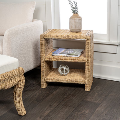 Praerie 22" Bohemian Woven Rattan 3-Tier Open Shelf End Table, Natural Mango Wood Wicker Nightstand and Side Table for Bedroom & Living Room