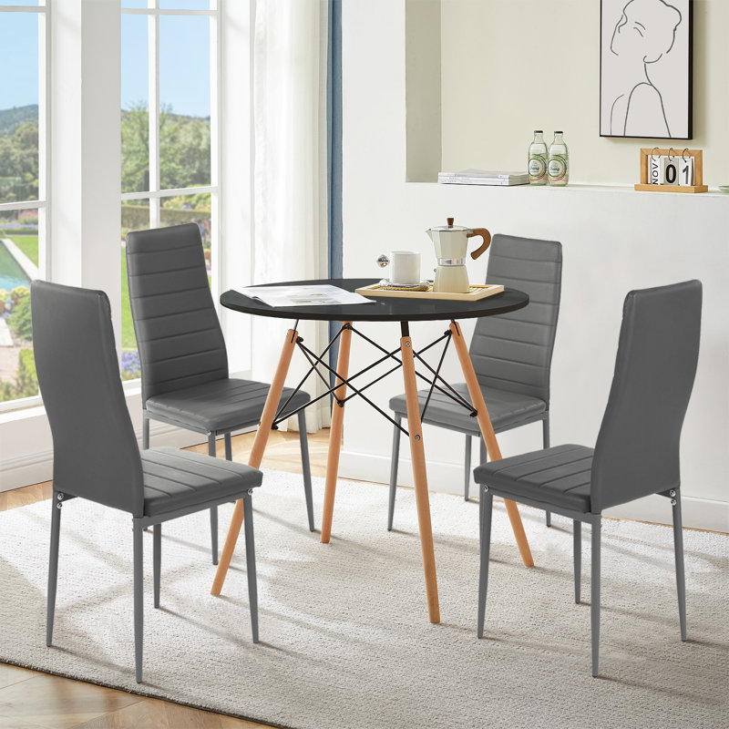 Ensemble de table de salle à manger 5 pièces, table de salle à manger ronde avec 4 chaises en similicuir, Gris
