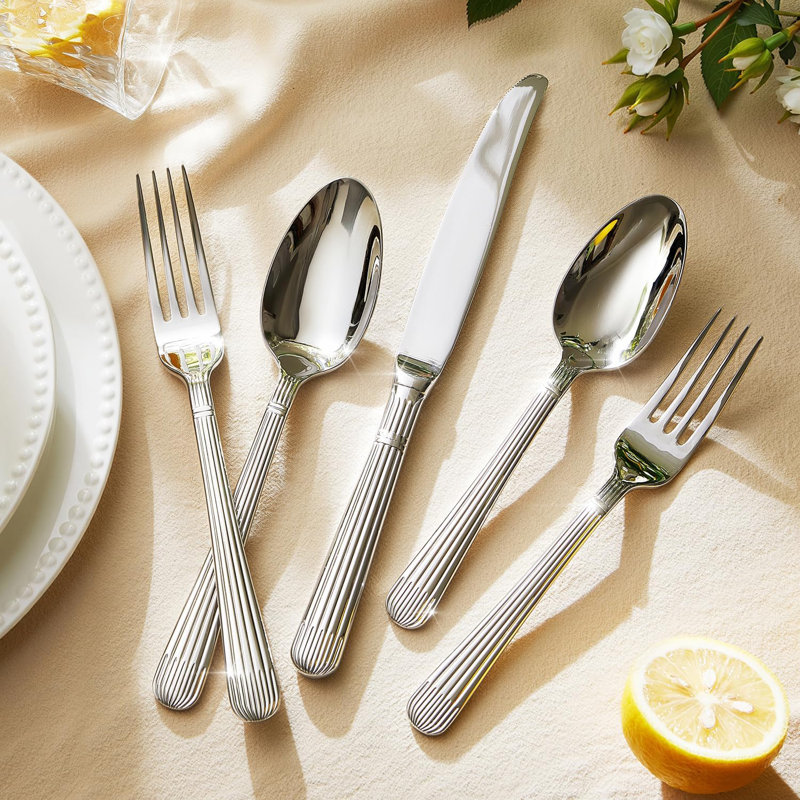 Ensemble de couverts 5 pièces en acier inoxydable, ensemble de couverts de qualité supérieure 18/10 - Design rayé élégant, lavable au lave-vaisselle, durable pour les repas, les mariages, la restauration et les cadeaux de tous les jours