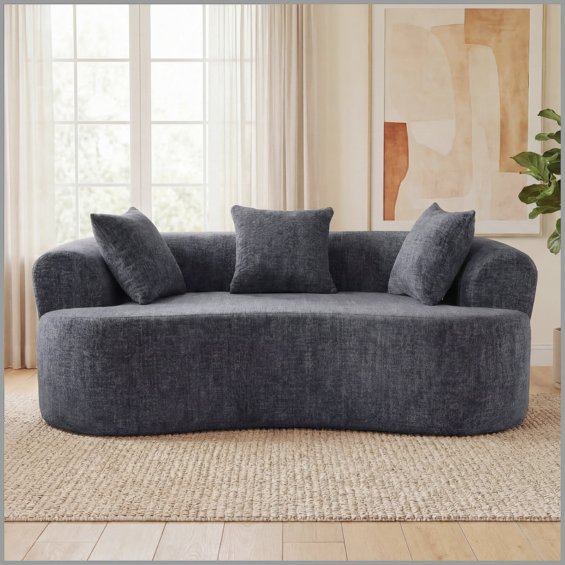 Canapé en forme de croissant, conception moderne à dossier bas avec coussins profonds, grand canapé à deux places rempli de mousse auto-gonflant ne nécessitant aucun assemblage. (Tissu chenille gris)