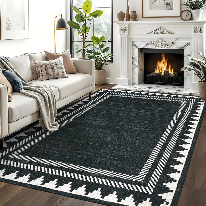 Tapis lavable Geometic Border, Black, Rectangulaire 8 pi x 10 pi