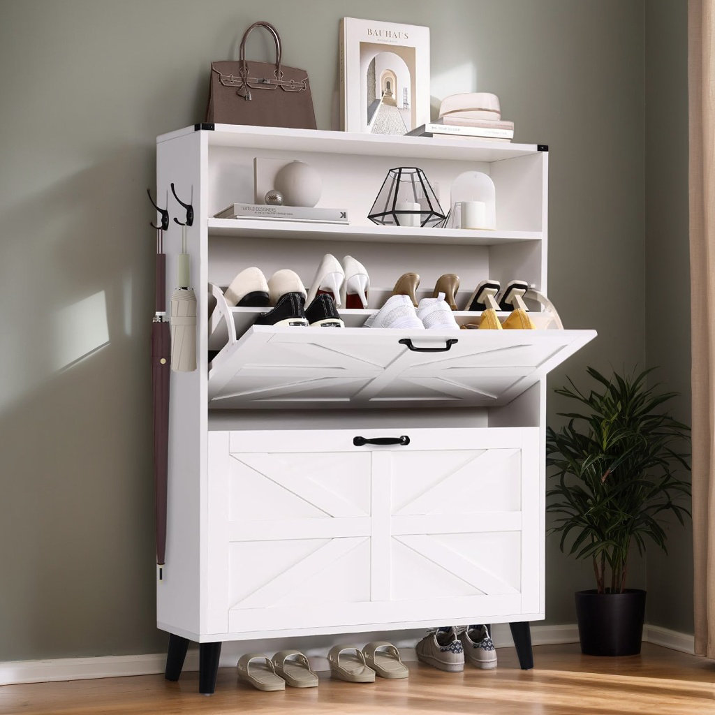 Gracie Oaks 30 Pair Shoe Storage Cabinet With 2 Flip Drawers And Open