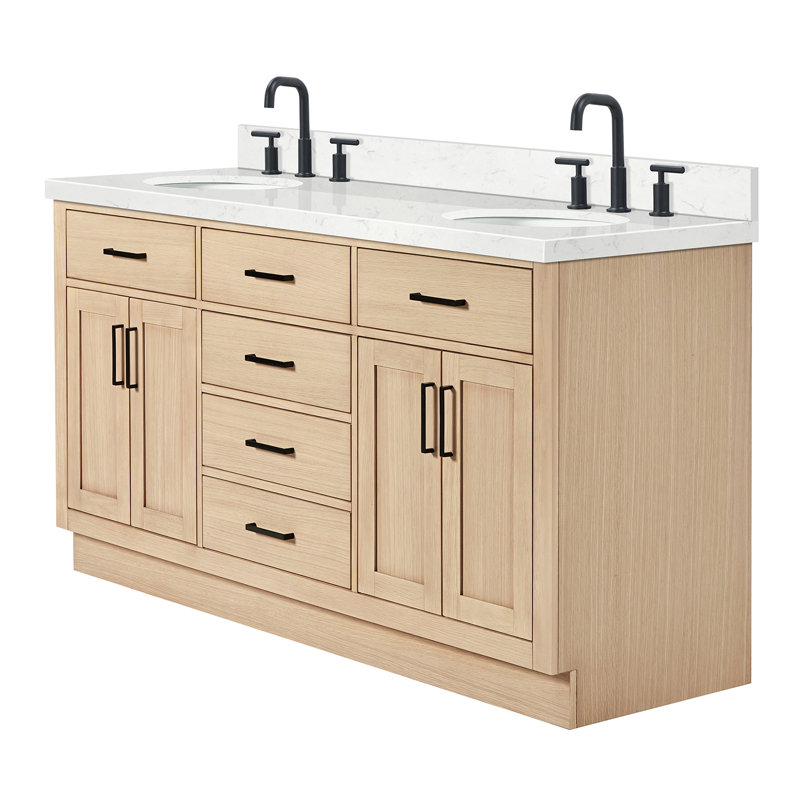 Thornaby 66'' Solid Wood Double Bathroom Vanity with 1.5'' Carrara Quartz Top, Natural Oak / Matte Black, Oval