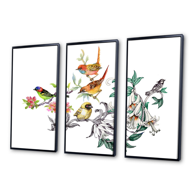 Fleurs tropicales et oiseaux - ensemble de 3 reproductions d'art encadrées sur toile, H 28 po x l 36 po x P 1 po, Cadre noir