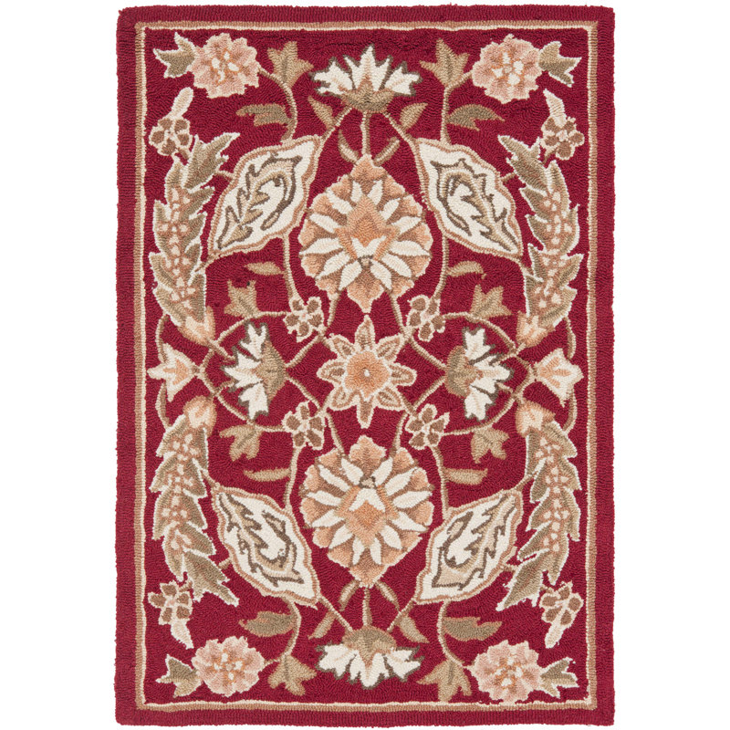 Taran Oriental Hand Hooked Red Area Rug, Rectangle 2' x 3'