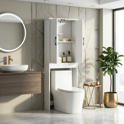 White Wall-Mounted Storage Cabinet For Bathroom, Above The Toilet, Double Doors With Shelves, Dustproof And Tidy Bathroom Storage Cabinet.