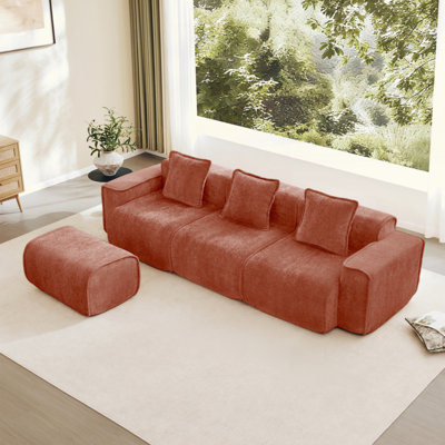 Canapé modulaire modulaire en L à 3 places avec passepoil à bordure française, aucun assemblage requis, canapé 3 places avec coussins décoratifs et 1 repose-pieds mobile, tissu en velours