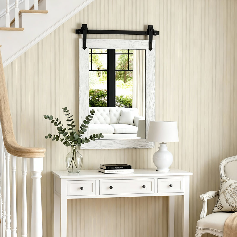 Miroir décoratif de salle de bain en bois massif Rustic Farmhouse, Blanc antique, 31,3 po x 21,8 po