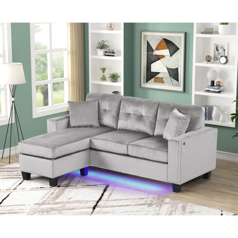 Sorenza 74"W Gray Velvet Reversible Sectional Sofa Chaise With LED Light, Gray Velvet