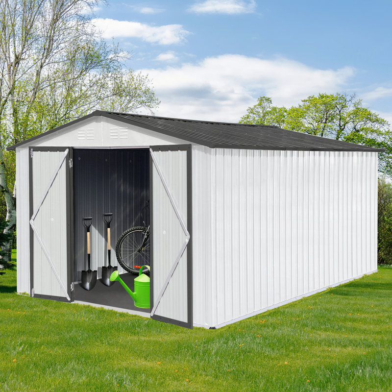 Abri de jardin en métal 12 pi x 10 pi entreposage extérieur blanc et gris, H 79,9 po x l 112,5 po x P 142,5 po, Blanc / Gris