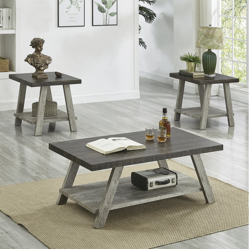 Ensemble de 3 tables basses en bois noyer patiné et gris Athens, Noyer, Gris
