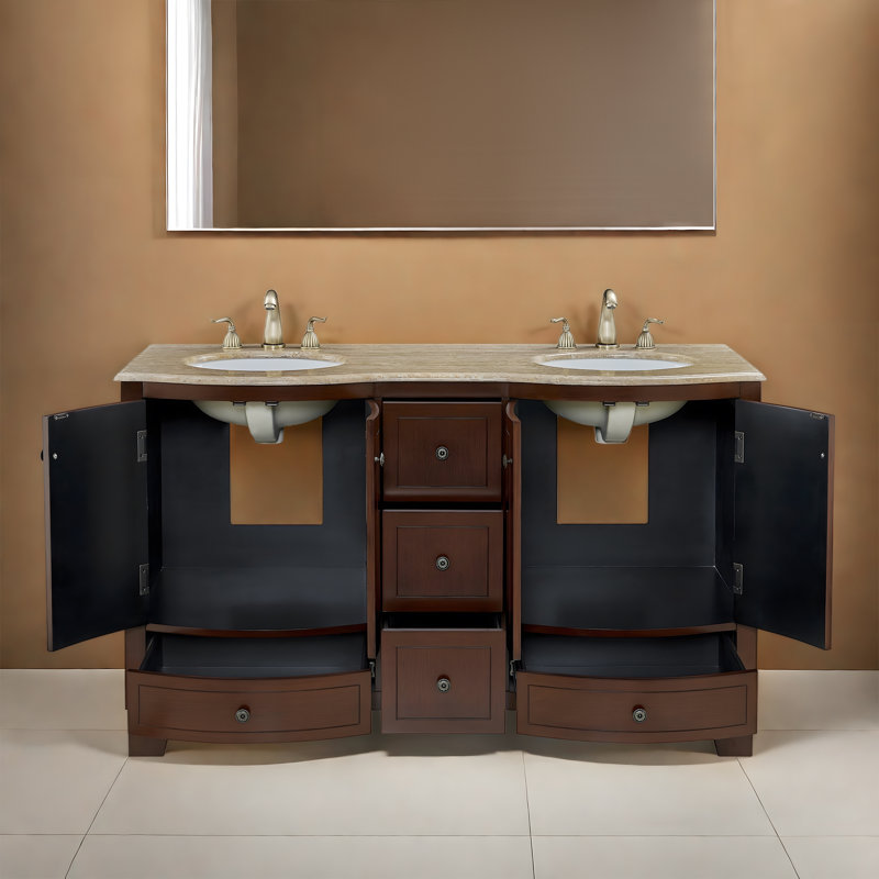 Meuble-lavabo double 60 po avec plateau en travertin Cherill