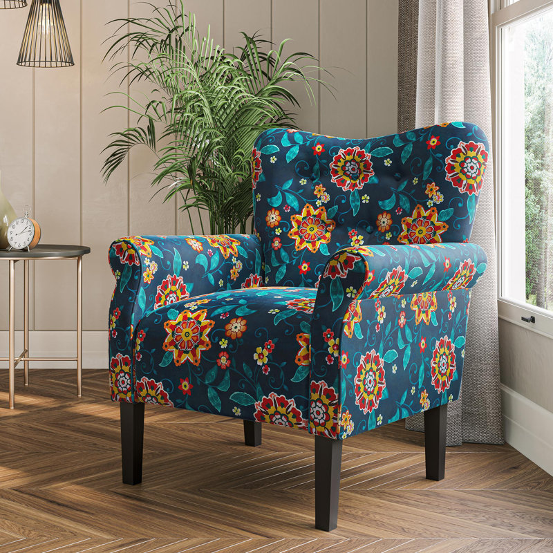 Fauteuil rembourré en polyester 30,3 po Modern, Polyester à motif de fleurs bleu