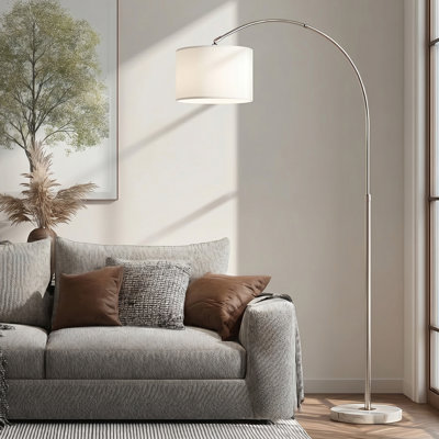 Arc Floor Lamp With Remote, Modern Standing Lamp For Living Room With Stepless Dimmable Bulb, Drum Shade, Foot Switch, Tall Floor Lamp For Farmhouse Bedroom Night Stand (Sliver)