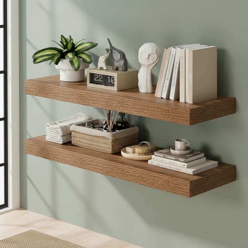 Walnut Wood Wall-Mounted Shelves (Two-Piece Set), Suitable For Bedrooms/Living Rooms, Serving As Both Book Storage And Decoration.
