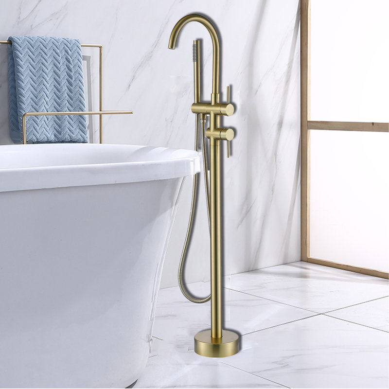 Robinet de baignoire sur pattes à deux poignées avec douchette, Or brossé