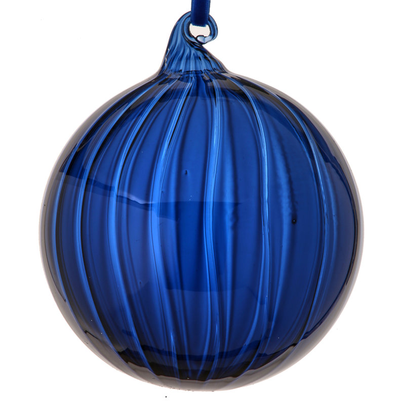 5" Glass Clear Stripe Ball Ornaments, Blue