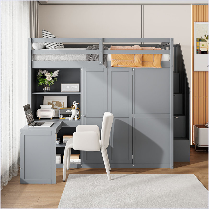 Lit superposé double avec garde-robe, bureau et tablettes, Gris
