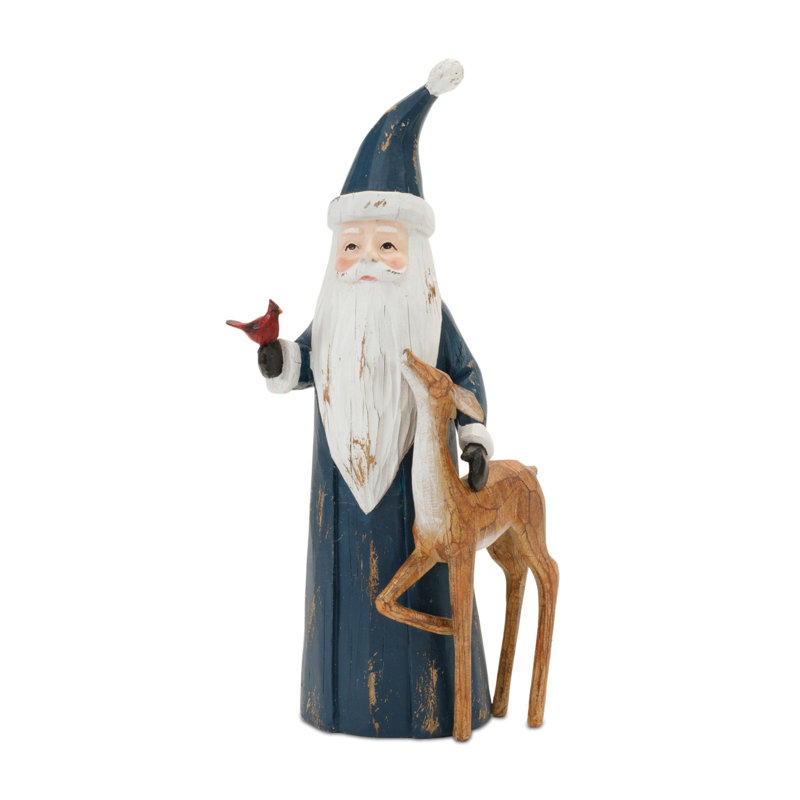 Figurine de père Noël en bois sculpté avec cerf (ensemble de 2)