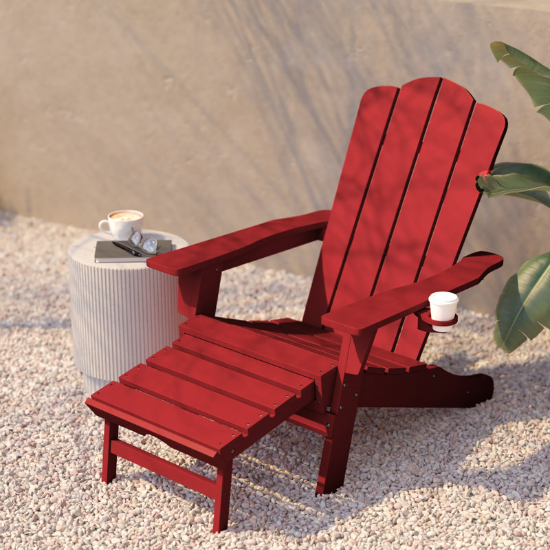 Ayleah Commercial All-Weather HDPE Adirondack Chair with Cup Holder and Pull Out Ottoman, Red