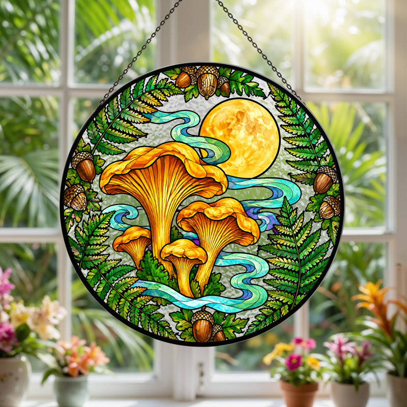 Art sur toile de style champignon doré et fougères en vitrail, H 7,8 po
