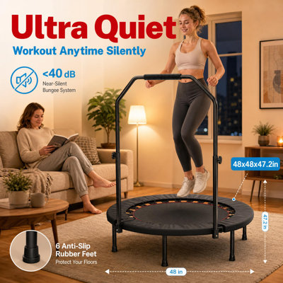 Trampoline d'intérieur de 48 po pliable, mini trampoline silencieux à arceau avec rampe réglable à 3 niveaux, rebondisseur d'exercice robuste pour l'entraînement cardio à domicile, capacité de 450 lb