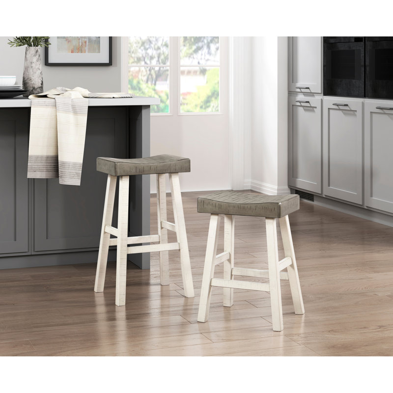 2pcs Solid Rubberwood Counter Height Stools, Transitional Style, 2pcs,, Bar Stool (30.68” Seat Height), Coffee/White