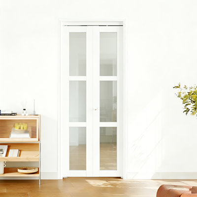 Bifold Door, 3-Lite Clear Glass Closet Door For 24"-36" Opening, Folding Doors With Hardware Kits, MDF, White Multifold Interior Doors