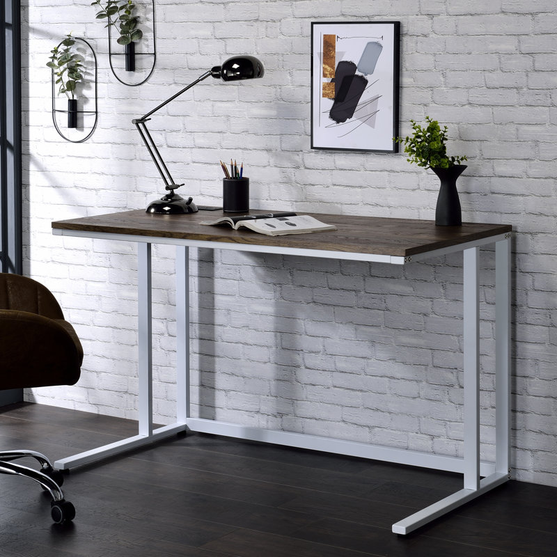 Bureau d'écriture en noyer et blanc avec port USB, Brun / Blanc