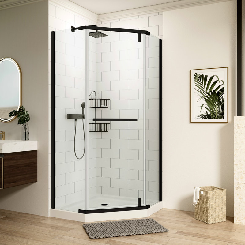 Bathroom Pivot Shower Enclosure - 1/4" Tempered Clear Glass Matte Black For Appeal Visual, Black