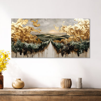 Or vert doré et lever de soleil vert sur les vignes - impression sur toile forêt, art mural nature