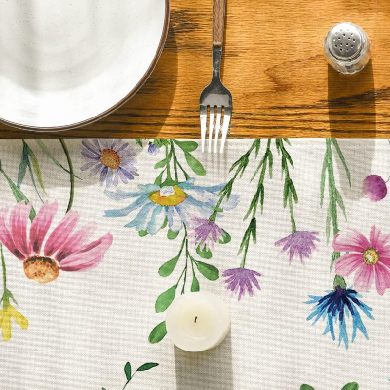 Beige Floral Linen Table Runner with Colorful Botanical Design