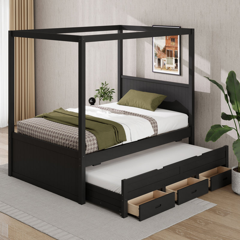 Canopy Platform Bed with Twin Trundle Bed, 3 Storage Drawers, Double, Noir