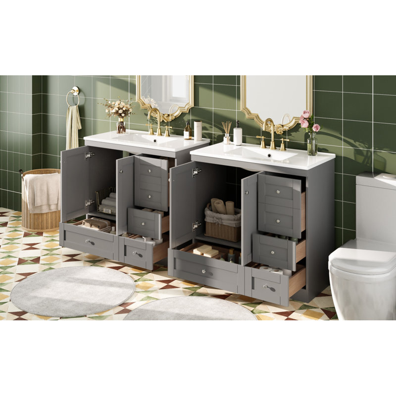 Meuble-lavabo autoportant de 72 po de style Shaker avec lavabo en céramique, tiroirs à fermeture en douceur et portes à fermeture en douceur