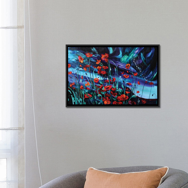 «Cosmic Poppies», reproduction sur toile, H 18 po x l 26 po x P 1,5 po, Toile avec cadre noir, Pas de tapis