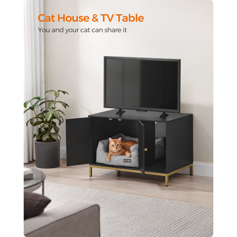 Black and Gold Modern Cat Litter Box Enclosure with Scratching Mat
