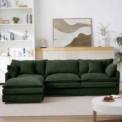 Canapé modulaire en chenille vert 102 pouces - Canapé 3 places en L avec repose-pieds mobile, combinaison de bricolage pour le salon