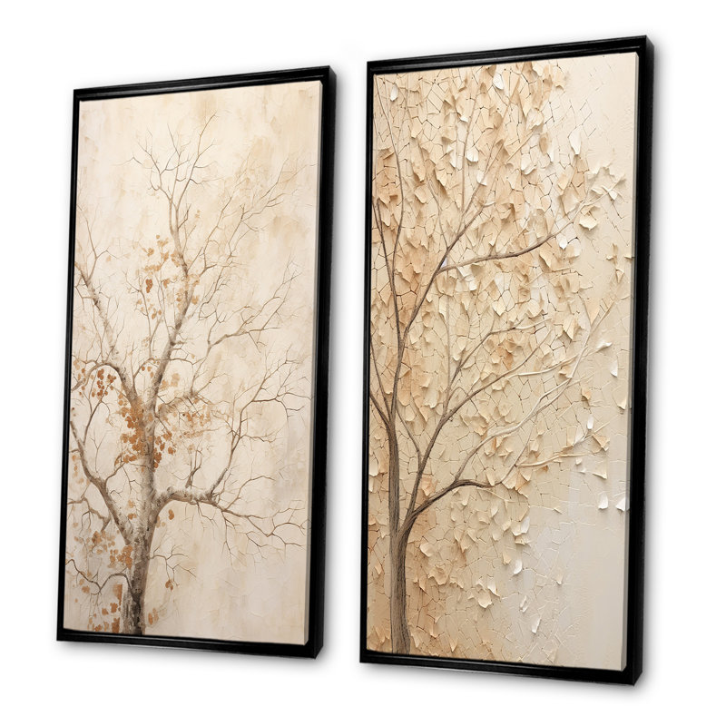Minimalisme, arbre d'érable beige solitude - ensemble d'œuvres d'art sur toile érable, H 28 po x l 25 po, Cadre flottant noir