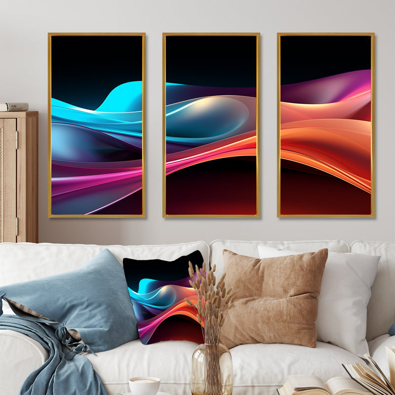Rainbow Colours Symphony IV - Formes abstraites, art mural sur toile, Cadre flottant doré, H 28 po x l 36 po x P 1 po