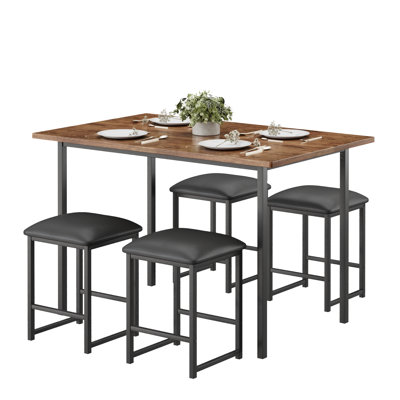 5 Pieces Dining Table Set Kitchen Table and Stool For 4 Modern Space Saving Kitchen Breakfast Table with PU Stools Chair, Heavy-Duty Metal Frame Wooden Industrial Farmhouse Style, Brown
