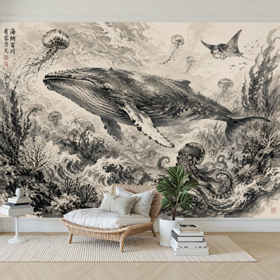 Papier peint adhésif peler et coller rétro sépia vie marine avec baleine pieuvre méduse autocollante amovible en papier contact mural pour le salon Chambre à coucher H 100 po x l 144 po