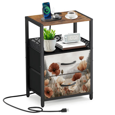 Table de chevet 2 tiroirs en tissu avec station de charge Poppiess Bloom Painterly Softness Calm Mood